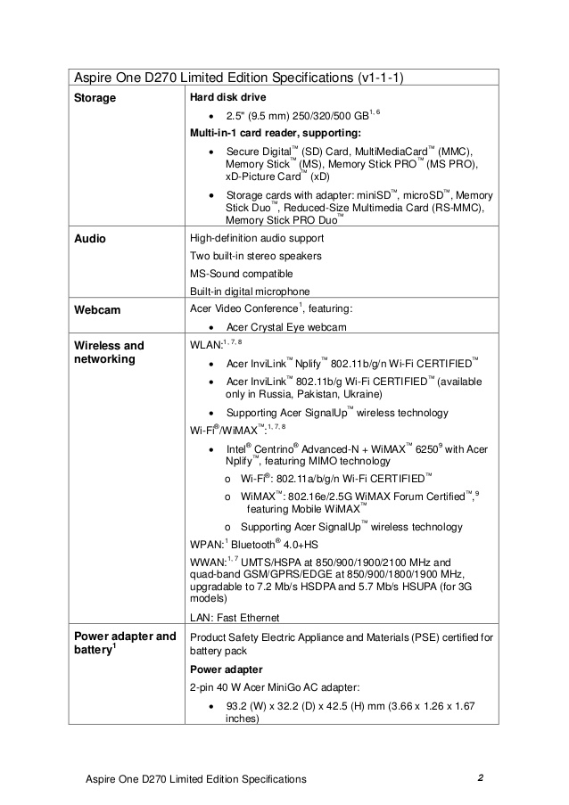acer aspire one d270 specs